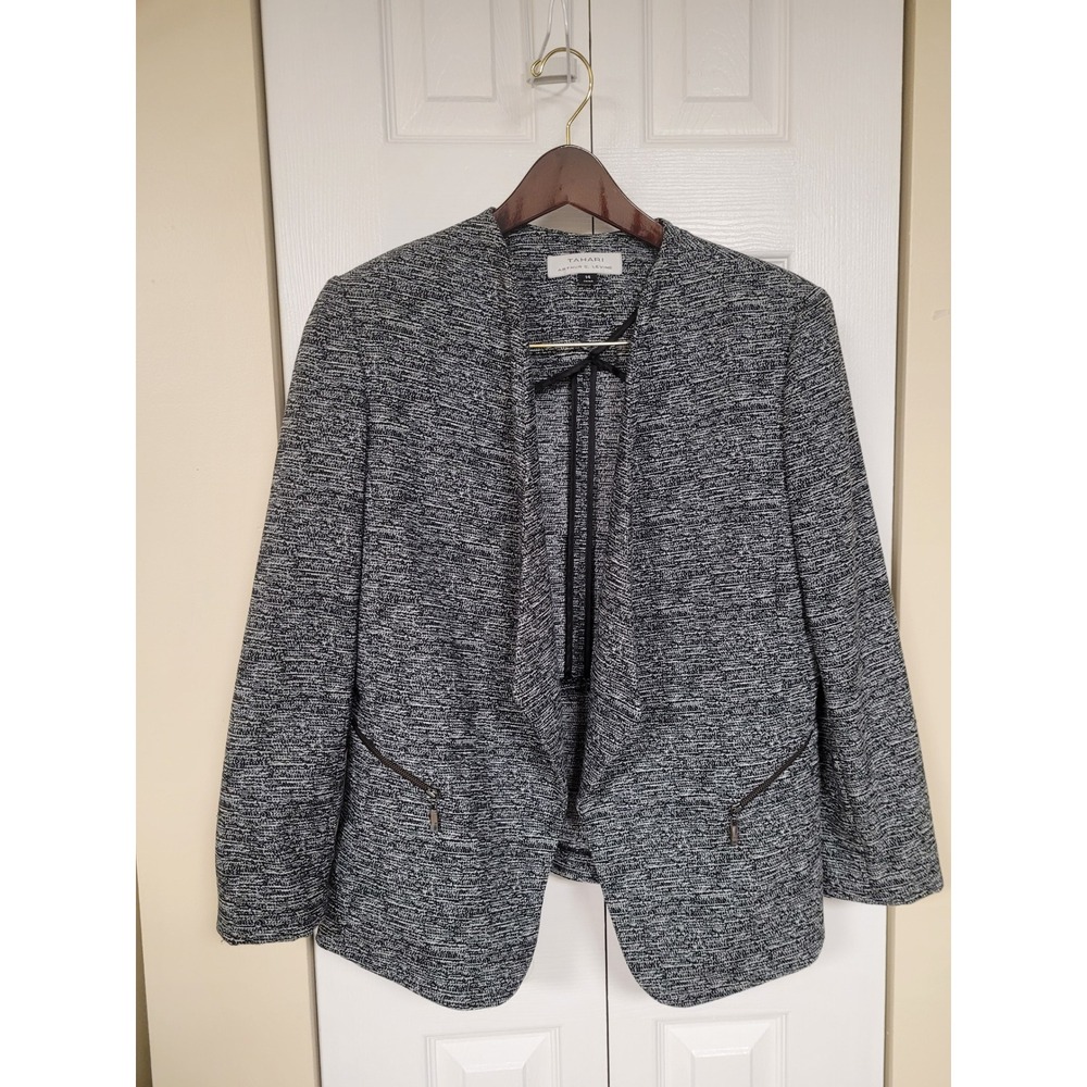Tahari ASL Women's Textured Knit Blazer Jacket Sz 14 Open Front Zipper Pockets